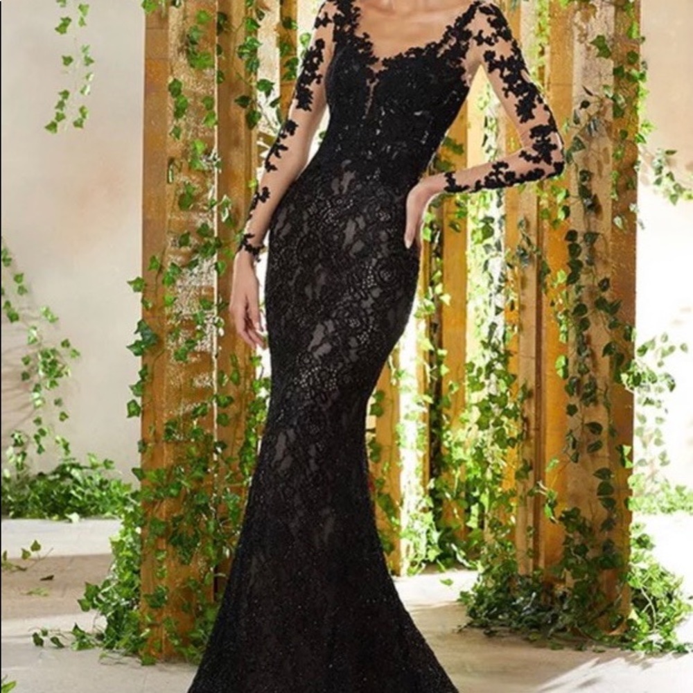 COPY - Size 10 MGNY for Morilee gown in black lace/nude long sleeve open back.